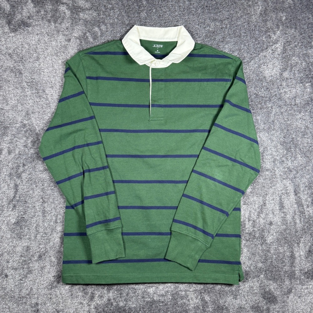 J.Crew Mens Small Rugby Shirt Green Navy Blue Striped Long Sleeve Cotton Polo